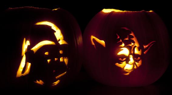 Jack-o-lanterns of Darth Vader and Yoda