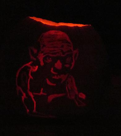 Etched pumpkin of Gollum from the Hobbit